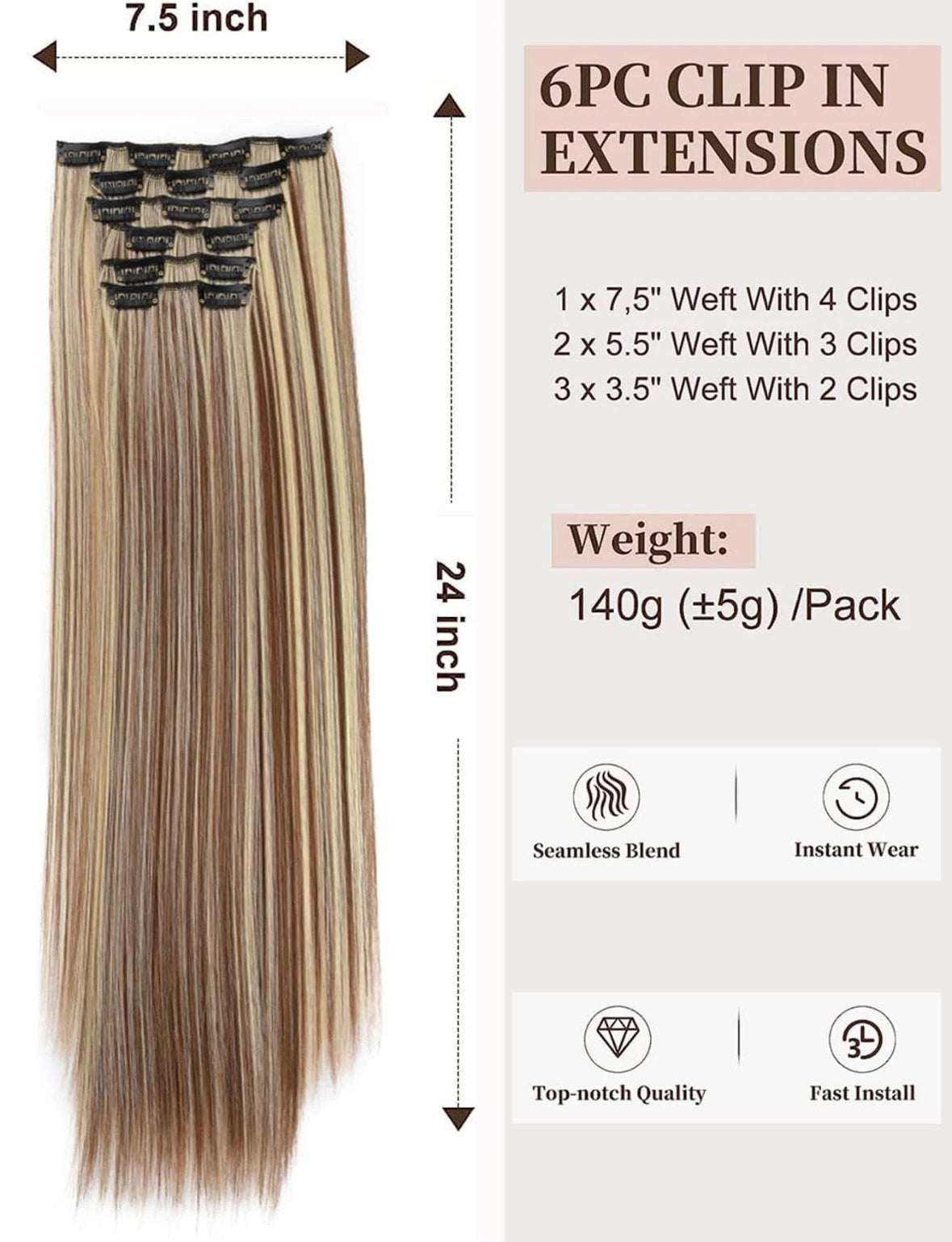 24inch - 6pcs Clip Synthetic Hair Extensions