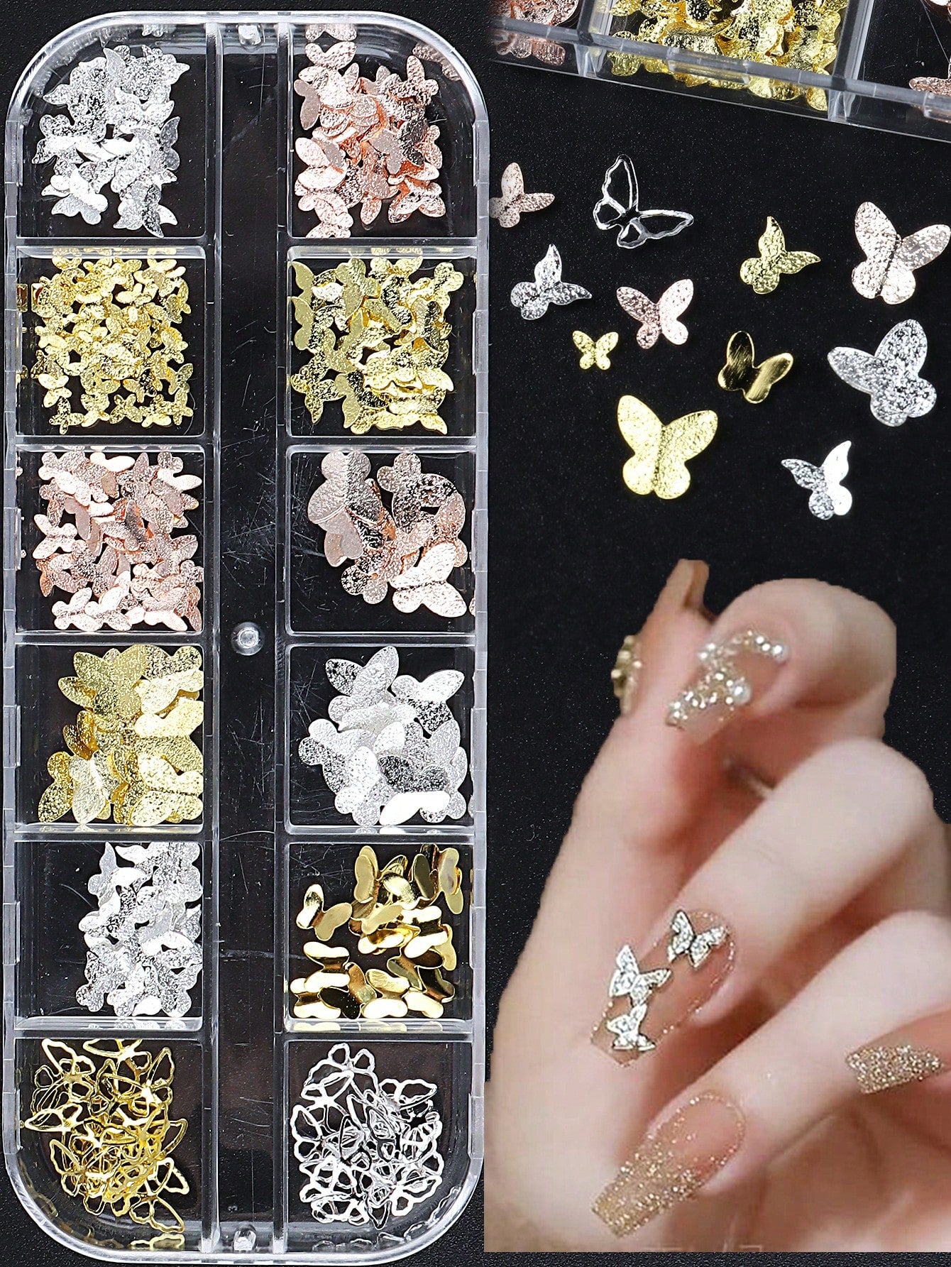 {{ GelPolish_USA }} {{ magnetic_gelpolish}} color 1 {{ Gelpolish_usa}} {{ Gel_polish}} 12 grids Gold Silver Metal Butterfly Star Nail Charms - {{ UV_Drying_machine}} - {{ Powerful_LED_Nail_Dryer}} {{ Gelish }} {{Gel_nail_polish}} {{ Orly}}